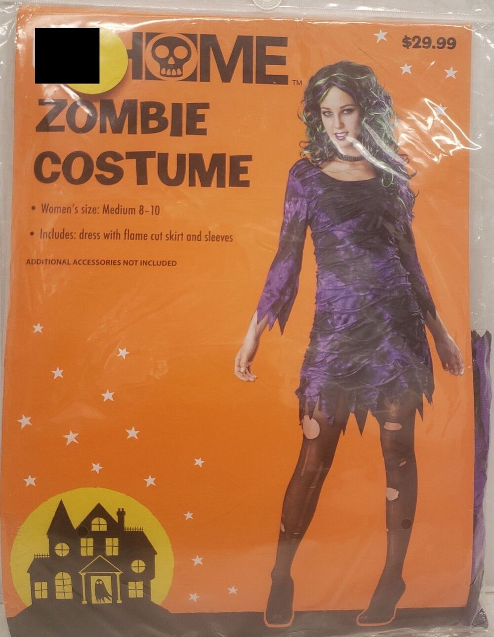 NEW Adult Women Halloween Costume,ZOMBIE,PURPLE &BLACK DRESS W/FLAME CUT SKIRT,M